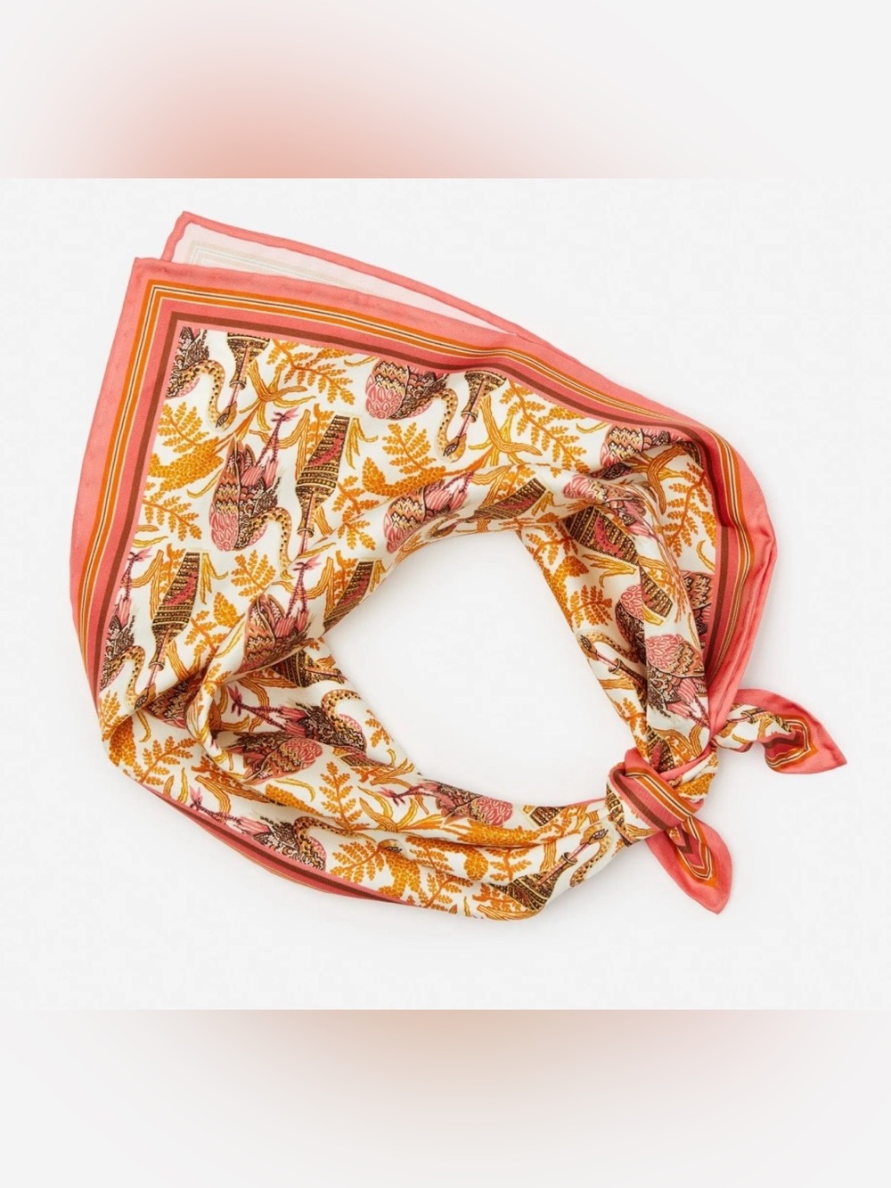 J.McLaughlin Silk Rare Bird Square Scarf Hand rolled Pink Yellow